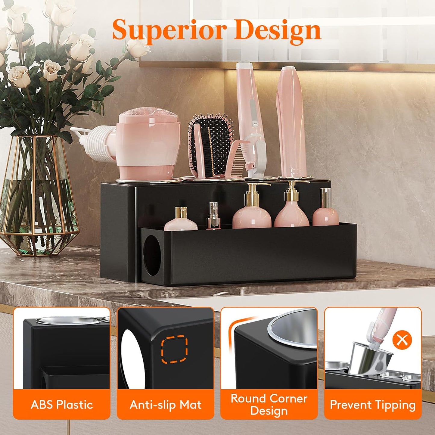 Lifewit Hair Tool Organizer Dryer Holder Countertop with 4 Cups, Black | 4 Stainless cups Tools Organizer, Acrylic body Hair Product Storage for Curling Iron, Brush, Straightener, Bathroom