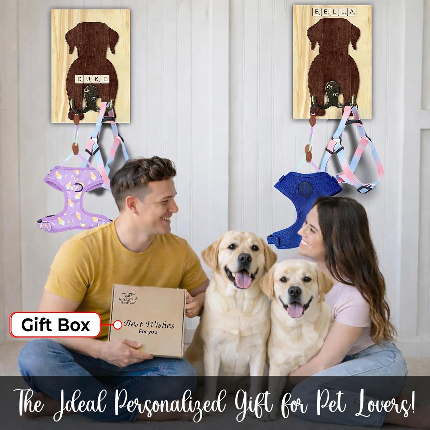 Dog Leash Holder Wall Mount, Pet Harness Hanger with Scrabble Letters, Dog Collar Organizer for Entryway, Memorial Cat Leash Holder for Wall, Pet Loss Gifts, Keepsake, Home Decor PF212-NAT