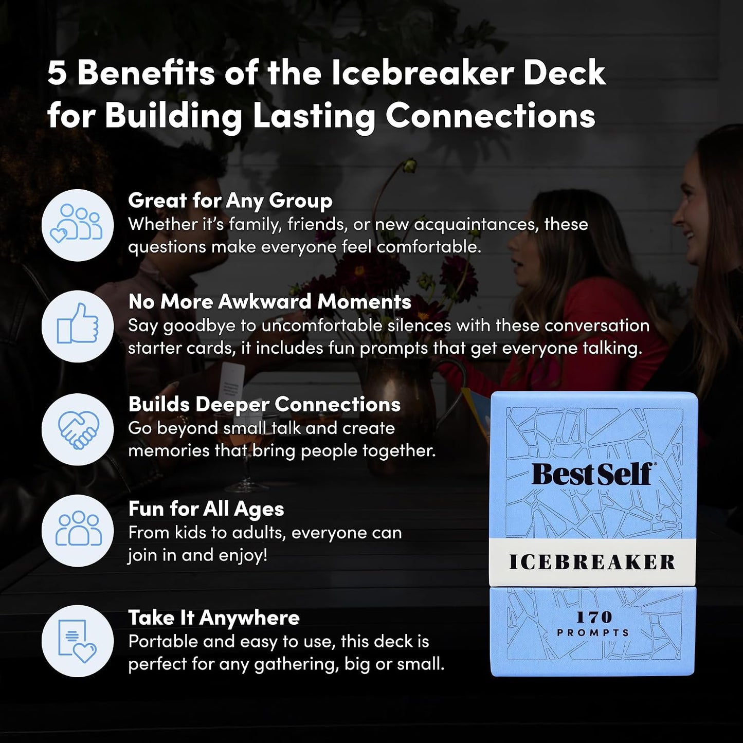 BestSelf Icebreaker Deck | Break barriers at parties, team building & social events — fun for friends, coworkers, dates & families.