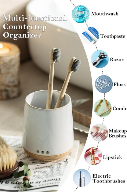 LYEOBOH Ceramic Toothbrush Cup, Cute Toothbrush Holder with Drainage White | Farmhouse Toothbrush Container, Countertop Toothbrush Organizer, Toothbrush Storage for Bathroom Vanity & Countertop