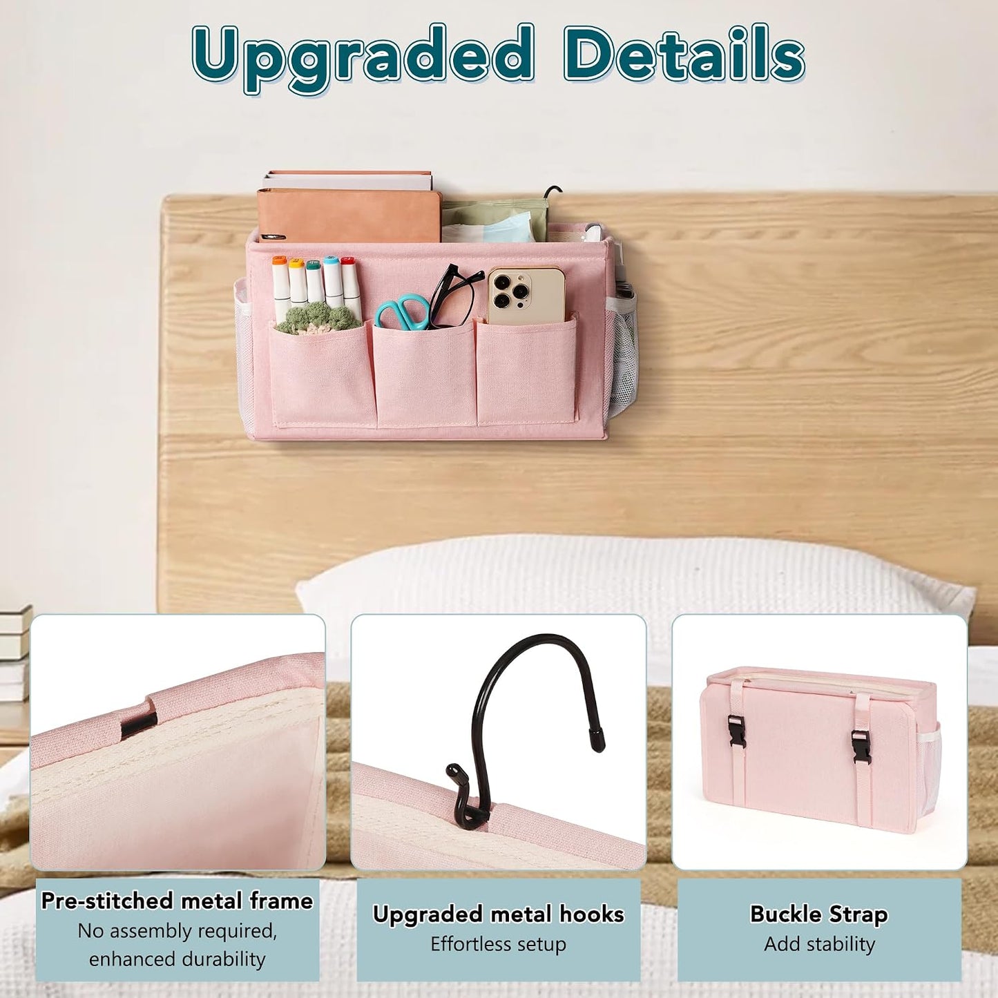 Bedside Caddy, Bedside Storage Bag Hanging Organizer for Bunk Dorm Bed Rail | Bed Caddy with Hooks, Top Bunks and Dorm Essentials for Water, Tissues, Tablets, Books, Phones, Remotes and Other Necessories