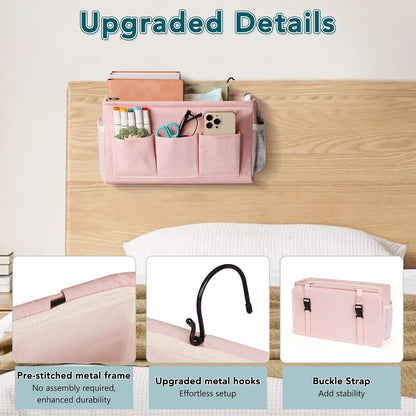 Bedside Caddy, Bedside Storage Bag Hanging Organizer for Bunk Dorm Bed Rail | Bed Caddy with Hooks, Top Bunks and Dorm Essentials for Water, Tissues, Tablets, Books, Phones, Remotes and Other Necessories