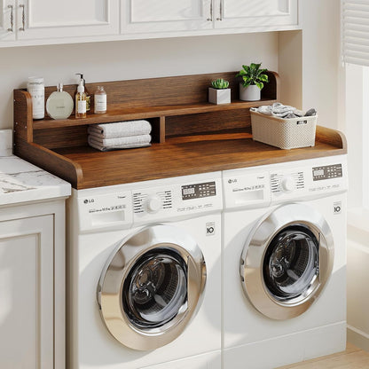 2-Tier Washer Dryer Countertop with 2.75" H Edge Rails, 54" W x 27.55" D Laundry Countertop for Folding Clothes, Washer and Dryer Topper with Non-Slip Pad (Dark Walnut)