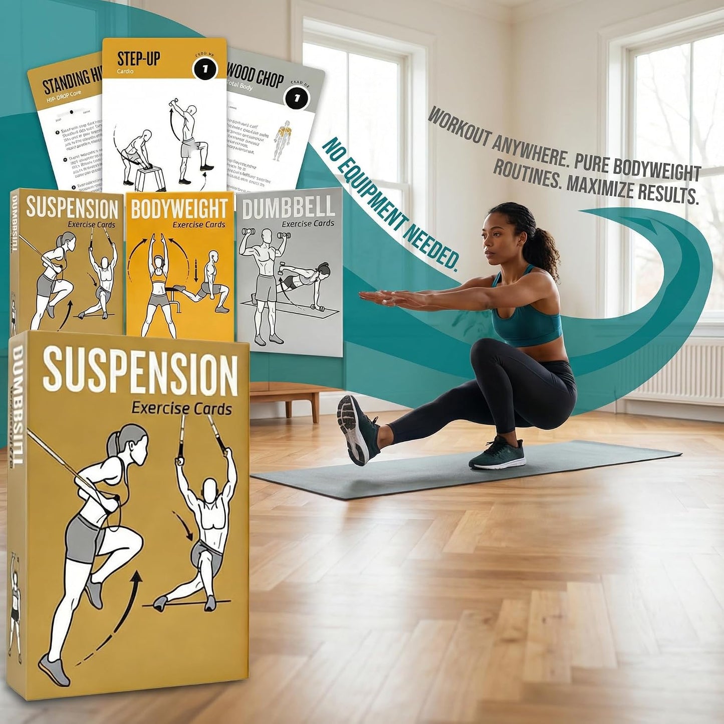 Bodyweight & Dumbbell Workout Cards - 100 Large 5"x3.5" Exercise Cards with 24 Strength Moves, Home & Gym Fitness Cards for Men & Women, Beginner Fitness Guide