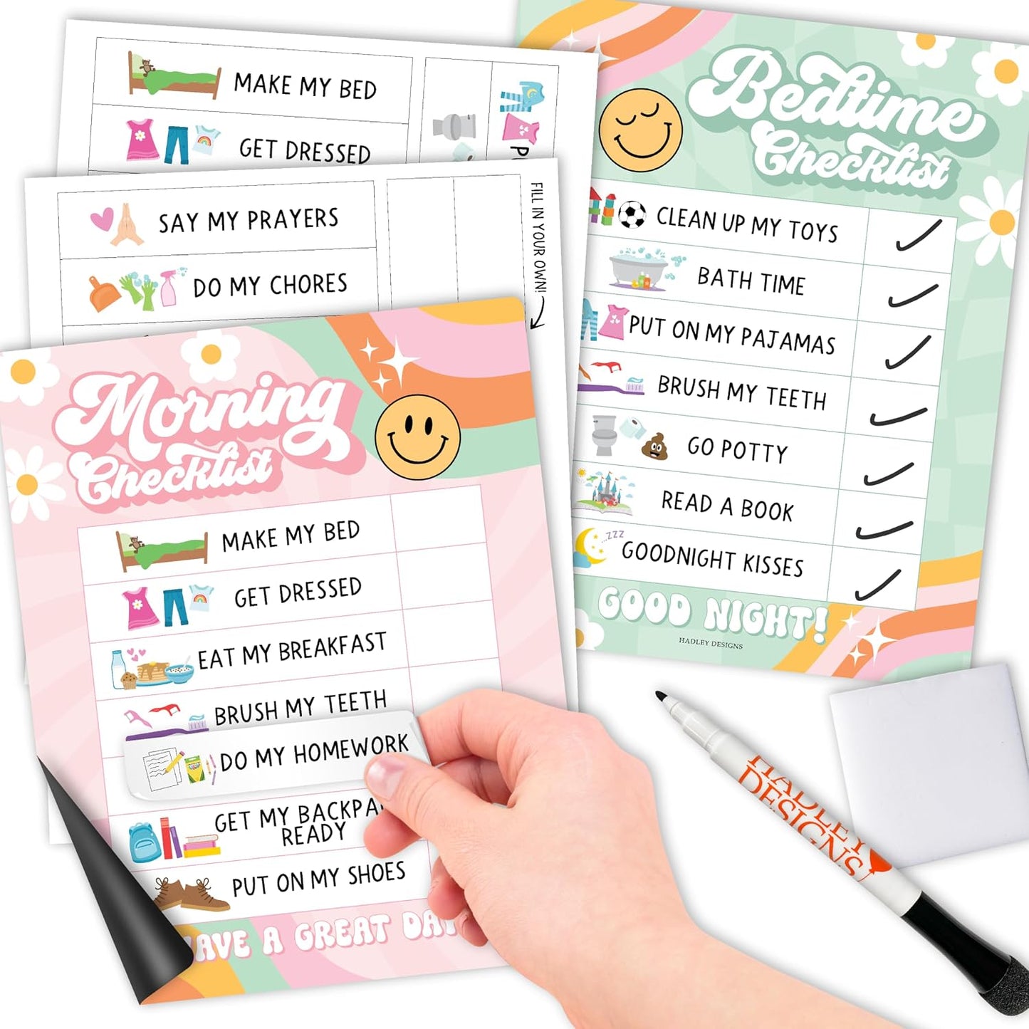 Magnetic Morning & Bedtime Routine Chart for Kids - Customizable Toddler Daily Schedule Board with Dry Erase Surface, Stickers & Marker, Build Habits with Visual Checklists, Boho Theme