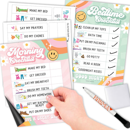 Magnetic Morning & Bedtime Routine Chart for Kids - Customizable Toddler Daily Schedule Board with Dry Erase Surface, Stickers & Marker, Build Habits with Visual Checklists, Boho Theme