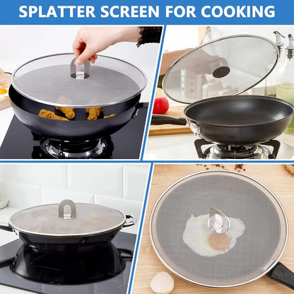 Splatter Screen for Kitchen, Stainless Steel Fine Mesh Splatter Screen for Frying Pan, 10, 11.5, 13 Inch Grease Splatter Guard with Fold Flat Knob