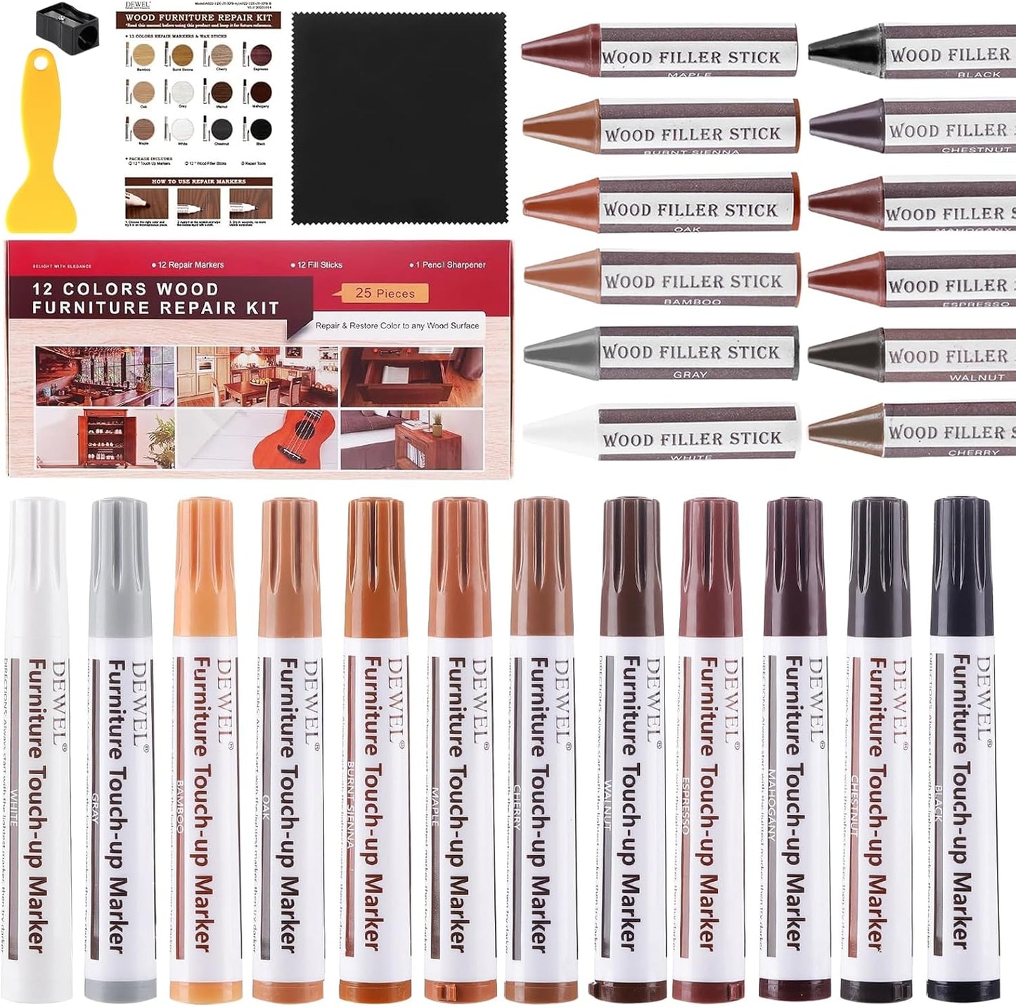 DEWEL Furniture Touch Up Markers, 17-Piece Wood Repair Kit with Wax Sticks | 8 Wood Touch Up Markers + 8 Wax Filler Sticks + Sharpener; Maple, Oak, Cherry, Walnut, Mahogany, White, Gray & Black