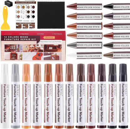 DEWEL Furniture Touch Up Markers, 17-Piece Wood Repair Kit with Wax Sticks | 8 Wood Touch Up Markers + 8 Wax Filler Sticks + Sharpener; Maple, Oak, Cherry, Walnut, Mahogany, White, Gray & Black