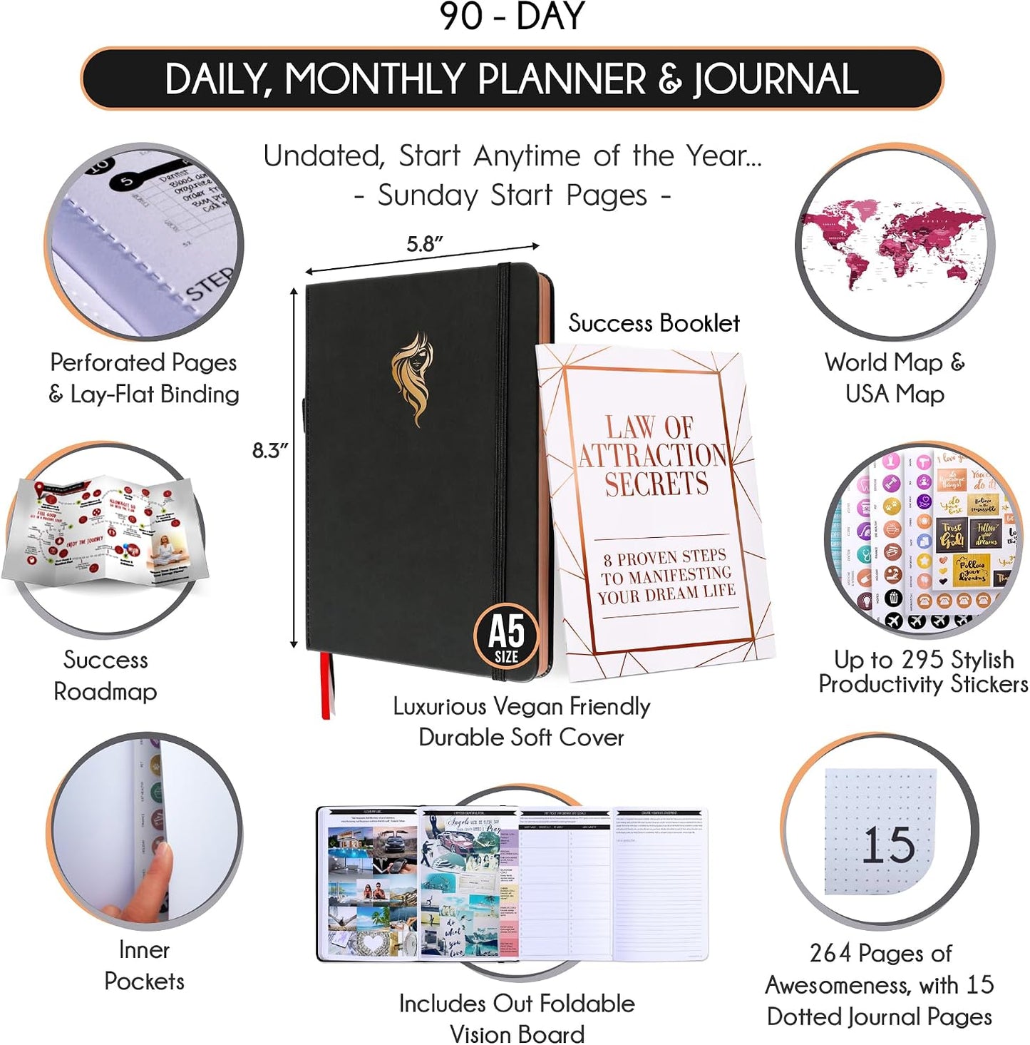 Freedom Mastery Daily Journal of Gratitude, Productivity & Habit Tracker | Undated 90-Day Planner with Daily Reflection, Mindfulness, Positivity, Vision Board & Stickers, Gratitude Journal for Women