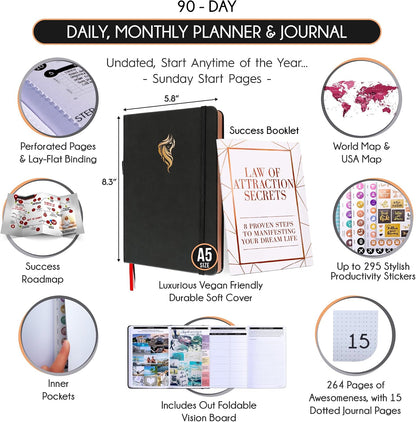 Freedom Mastery Daily Journal of Gratitude, Productivity & Habit Tracker | Undated 90-Day Planner with Daily Reflection, Mindfulness, Positivity, Vision Board & Stickers, Gratitude Journal for Women