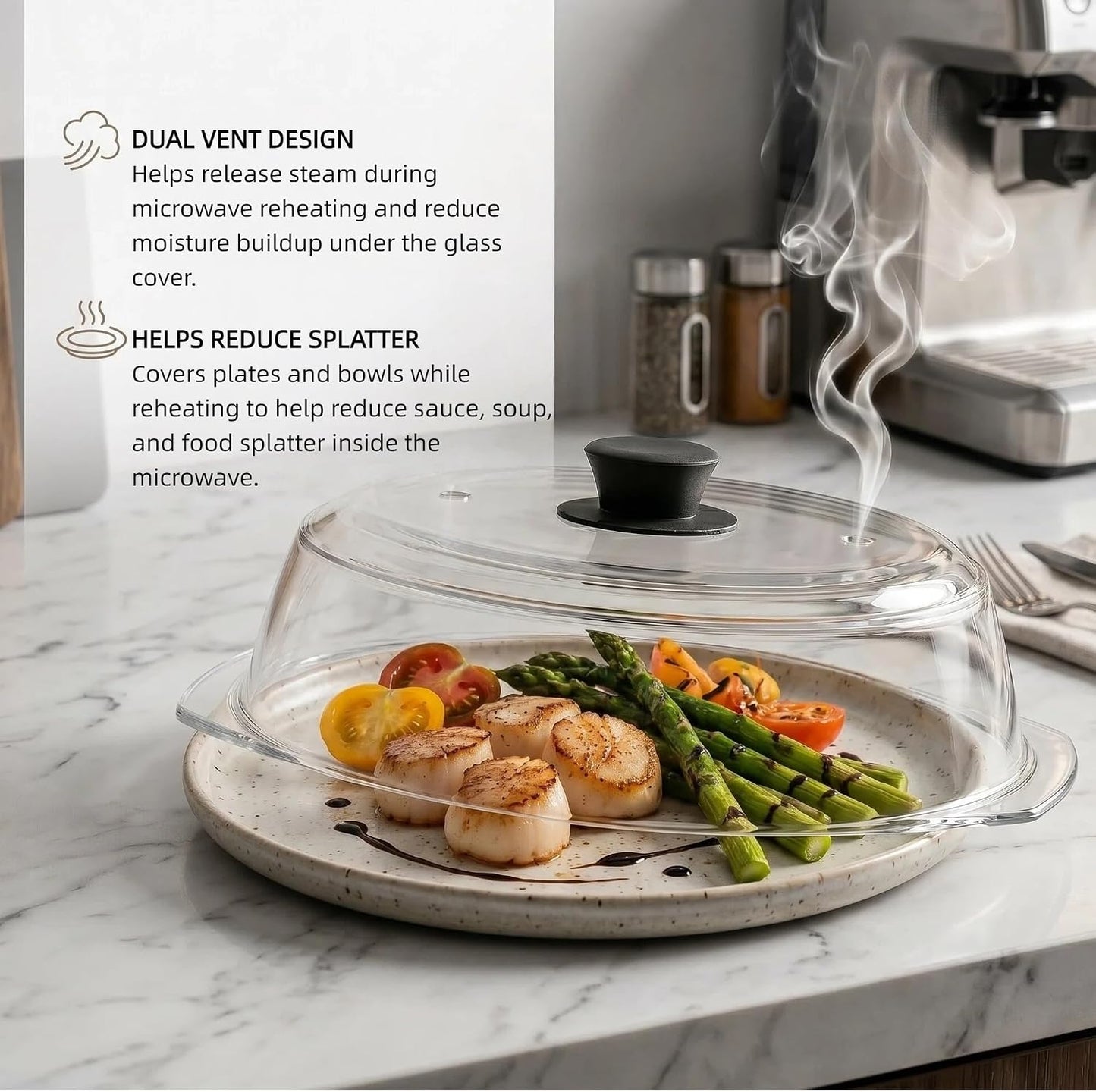 9.5 Inch Borosilicate Glass Microwave Splatter Cover with Silicone Mat | Clear microwave cover for food with dual vents keeps meals visible while helping reduce splatter and steady plates