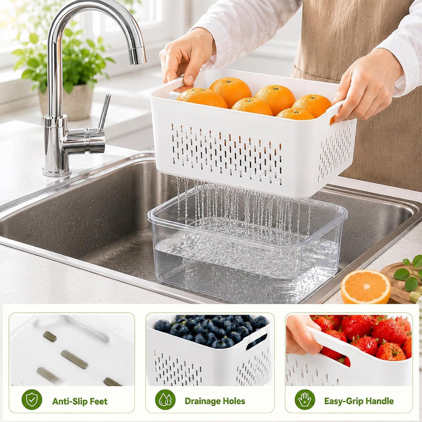 UFORU 4 Pack Fruit Storage Containers, Airtight Produce Saver for Fridge | Airtight refrigerator storage containers with removable colander and stackable design for berries, fruits and vegetables