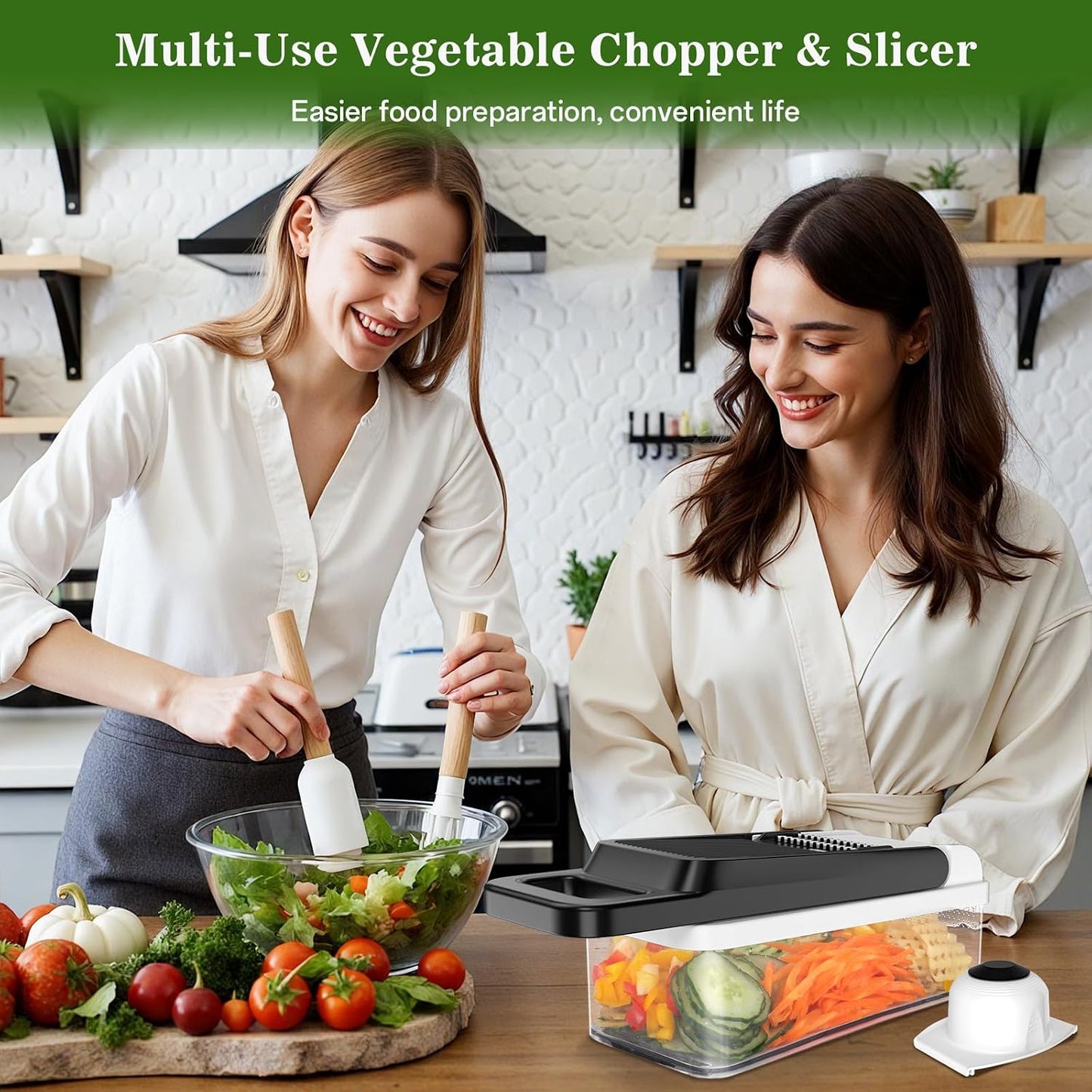 HomeHacks Vegetable Chopper Vegetable Cutter, 12 in 1 Kitchen Gadget, Dicer, Slicer, Onion Cutter, Salad, Cheese Grater & Egg Separator - Multi-Functional Veggie Chopper Lid with Handle (Green)