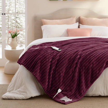 Bedsure Heated Blanket Electric Throw - Thick Striped Fast Heating Electric Blanket with Preheat Function, 6 Heat & 6 Timer (Up to 10H), 8H Auto Off, ETL Certified, Gifts for Women (50"x60", White)