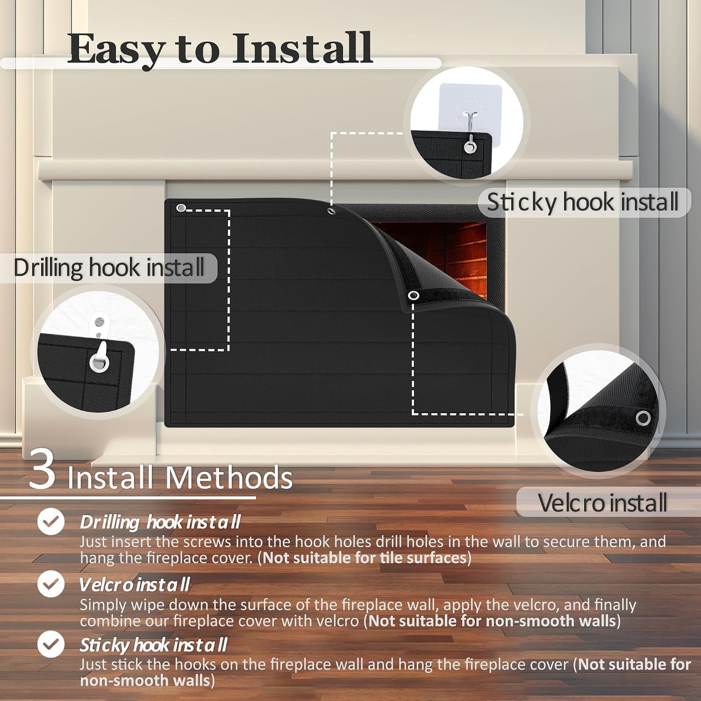 Black Fireplace Blanket for Heat Loss & Save Energy - Indoor Fireplace Air Blocker Safety Cover for The Living Room | Year-Round Comfort, 39x32