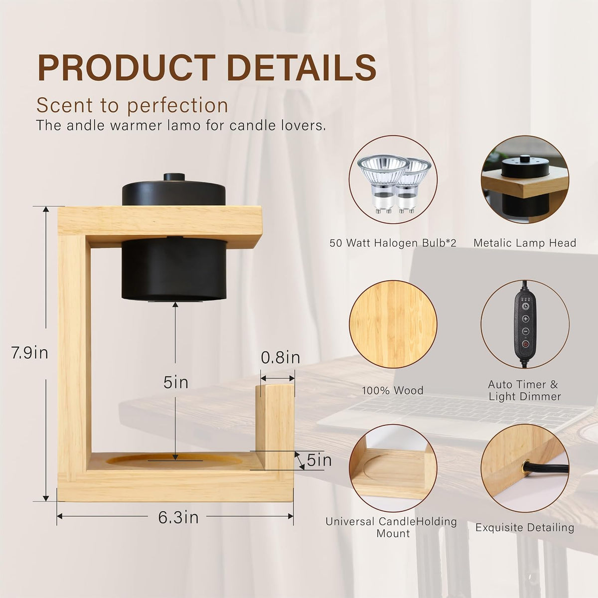 AIKUT Candle Warmer Lamp, with 2 Bulbs,Timer & Dimmer,Simple Natural Wood,Compatible Up to 4.5 inch Candles,for Home Scented and Décor，110-120V (Wood)