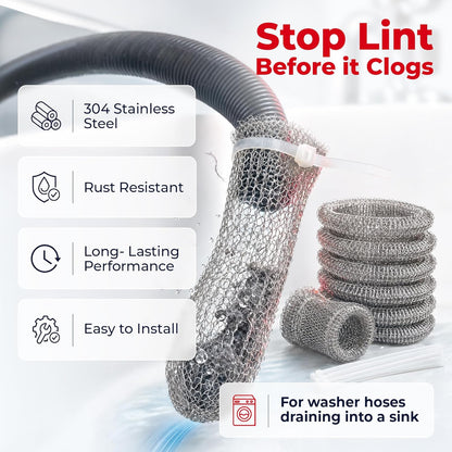 Washing Machine Lint Trap Stainless Steel 12-Pack | 29cmx6.5cm, Hose Filter, Mesh Drain Catcher, Washer Sock Remover, Rust-Free Snare Laundry Filter with Nylon Cable Ties