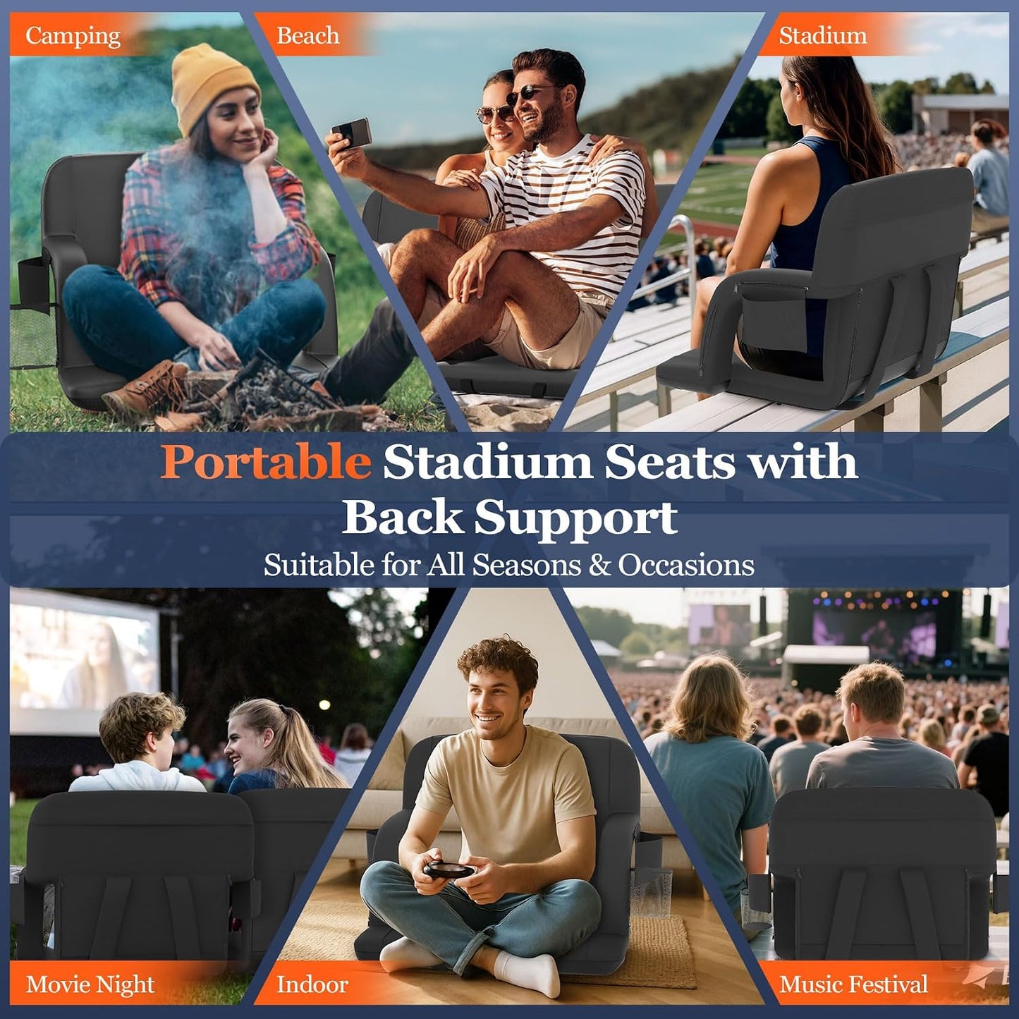 Seeutek Heated Stadium Seats for Bleachers with Back Support | 3 Level Heated Seat & Back (NO Battery), 6 Recline Positions, Soft Cushion, 5 Pockets, Foldable, Anti-Slip, Backpack Straps