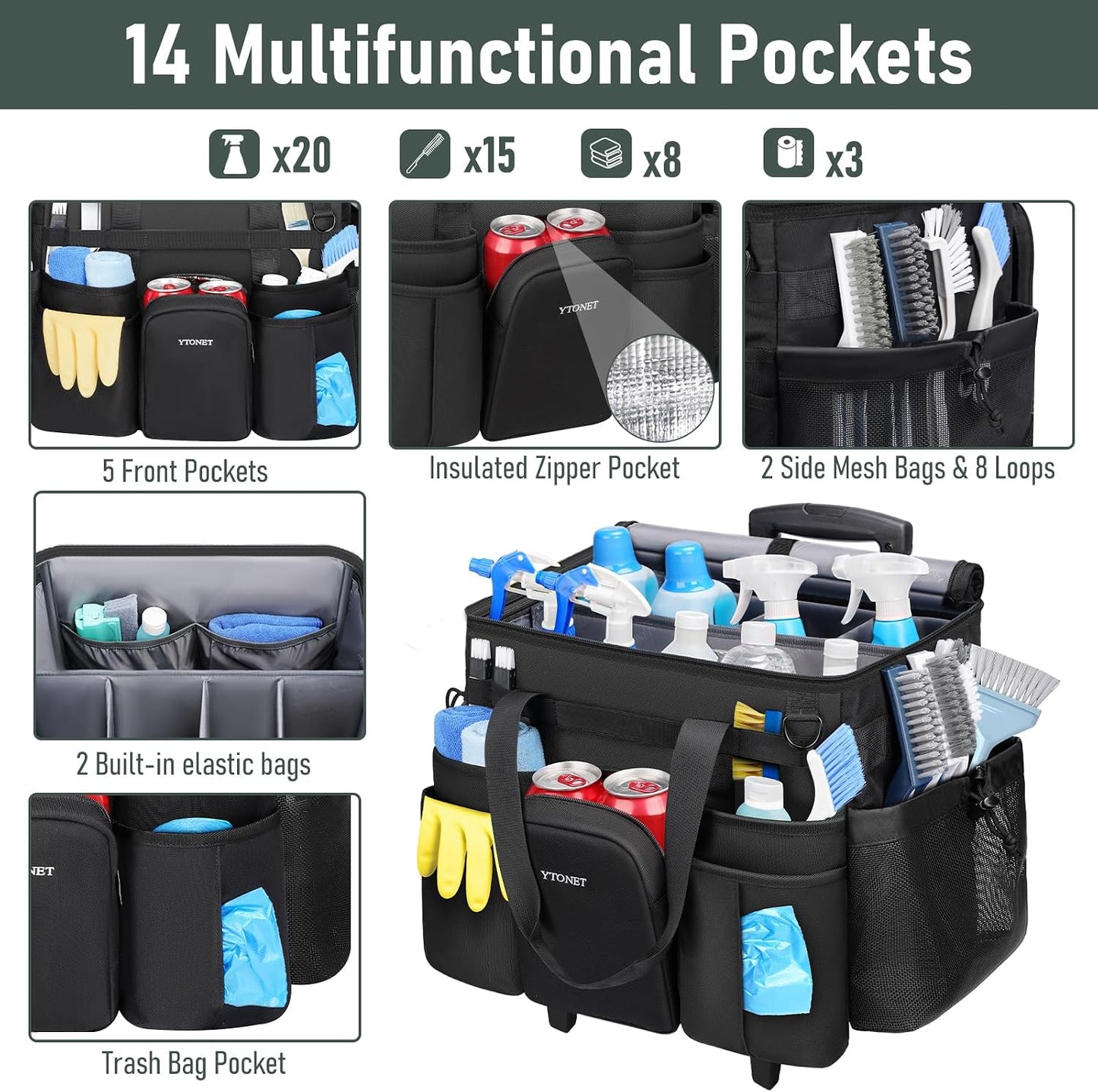 Ytonet Cleaning Caddy with Wheels, Extra Large Rolling Cleaning Caddy Bag | with Detachable Trolley for Housekeepers, Water Resistant Cleaner Supplies Organizer with Wheels for Kitchen, Tool Organizer