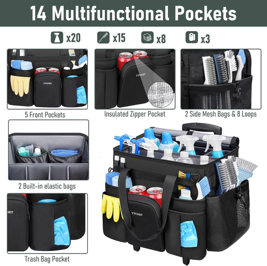 Ytonet Cleaning Caddy with Wheels, Extra Large Rolling Cleaning Caddy Bag | with Detachable Trolley for Housekeepers, Water Resistant Cleaner Supplies Organizer with Wheels for Kitchen, Tool Organizer
