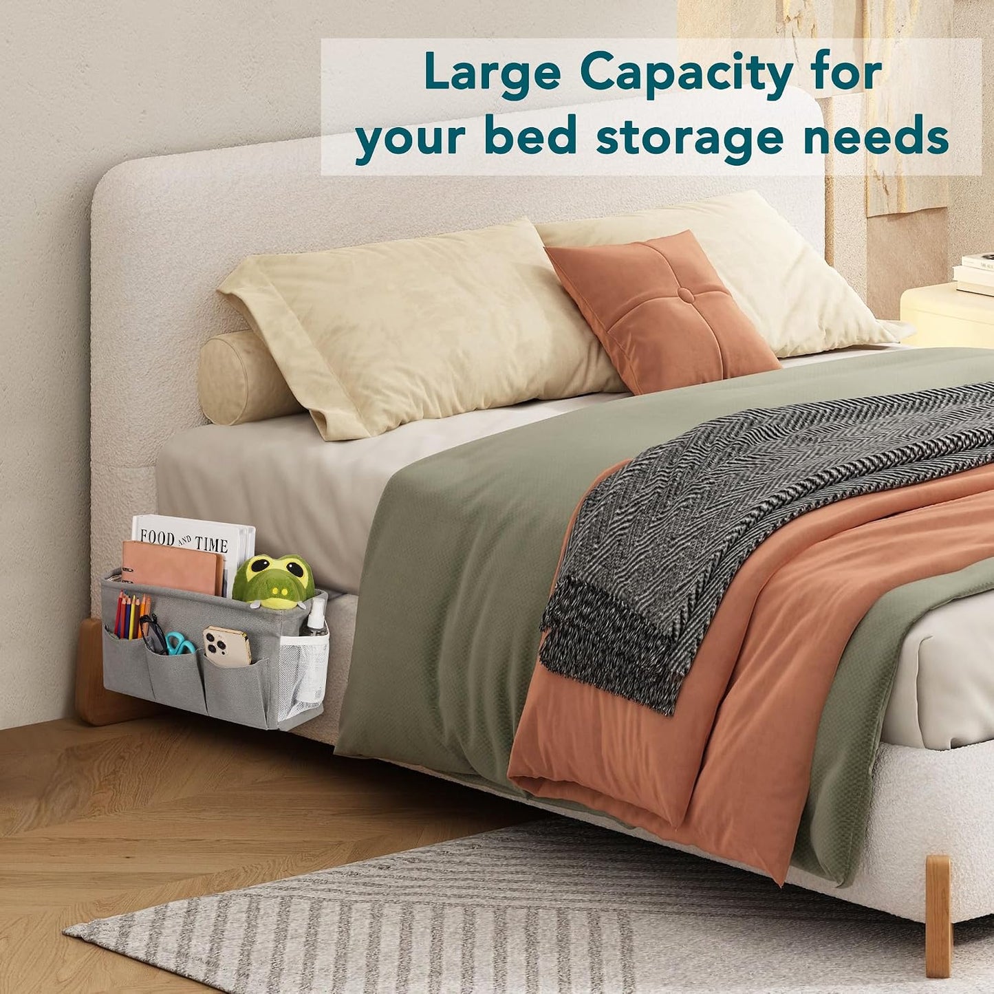 Bedside Caddy, Bedside Storage Bag Hanging Organizer for Bunk Dorm Bed Rail | Bed Caddy with Hooks, Top Bunks and Dorm Essentials for Water, Tissues, Tablets, Books, Phones, Remotes and Other Necessories