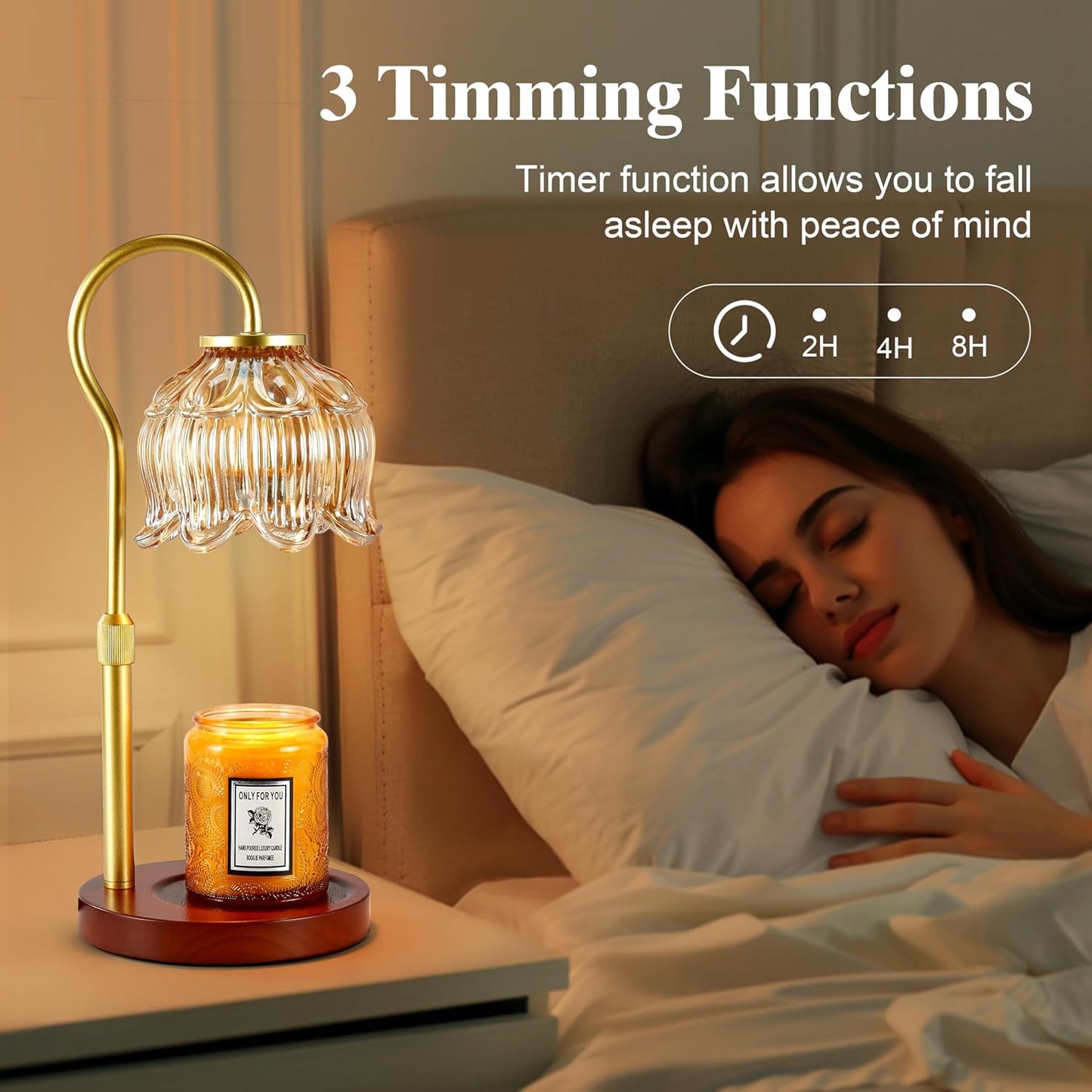 Dreamholder Electric Candle Warmer Lamp with Timer & Dimmer, Adjustable Height Wax Melt Warmer for Jar Candles, Wood Base Candle Melter, Floral Home Decor Gifts for Women, Mom, Natural Wood