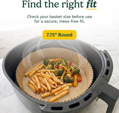 Cuisinart Air Fryer Liners Disposable, 150 Pack, 7.75" Square | Food-grade unbleached silicone-coated parchment for air fryer basket, non-stick to 428F, traps grease, oven & microwave safe