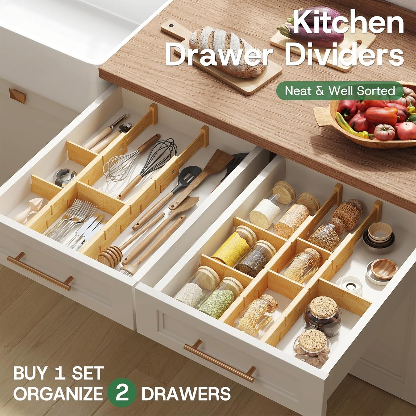 kiplant Kitchen Drawer Dividers - Adjustable Drawer Organizer for Clothes, Kitchen, Closet & Office - 8 Pack with Inserts, 18-22.6 Inches, Non-Slip Silicone Ends