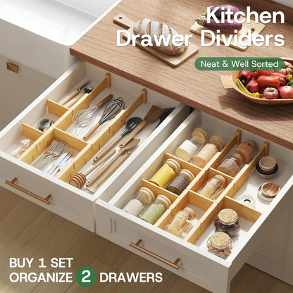 kiplant Kitchen Drawer Dividers - Adjustable Drawer Organizer for Clothes, Kitchen, Closet & Office - 8 Pack with Inserts, 18-22.6 Inches, Non-Slip Silicone Ends