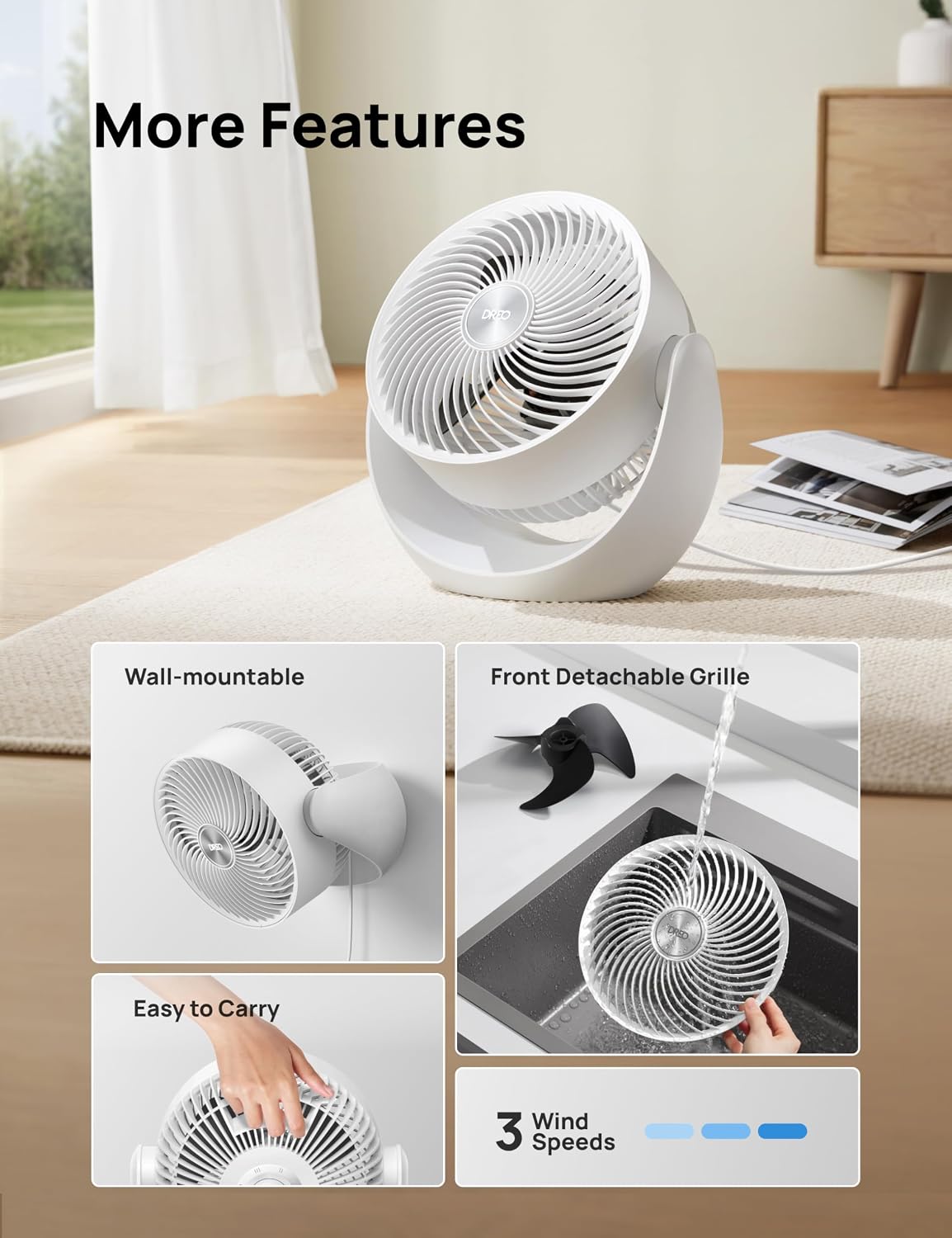 DREO Fan for Bedroom, Table Air Circulator for Whole Room, 11 Inch, 60ft Strong Airflow, 120° adjustable tilt, 20db Low Noise, Quiet, 3 Speeds, Desk Fan for Home,Office, Kitchen