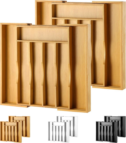 Expandable Bamboo Kitchen Drawer Organizer for Cutlery and Utensils, Adjustable Bamboo Wood Cutlery Tray in Drawer for Flatware and Silverware in Kitchen, (Natural)