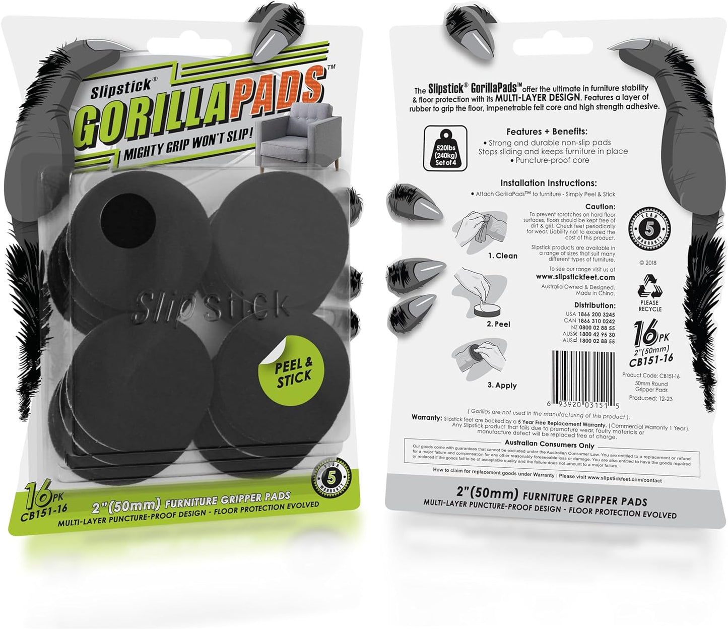 Slipstick GorillaPads CB147 Non Slip Furniture Pads/Gripper Feet (Set of 16) Self Adhesive Rubber Floor Protectors, 1 inch Round, Black