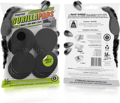 Slipstick GorillaPads CB147 Non Slip Furniture Pads/Gripper Feet (Set of 16) Self Adhesive Rubber Floor Protectors, 1 inch Round, Black