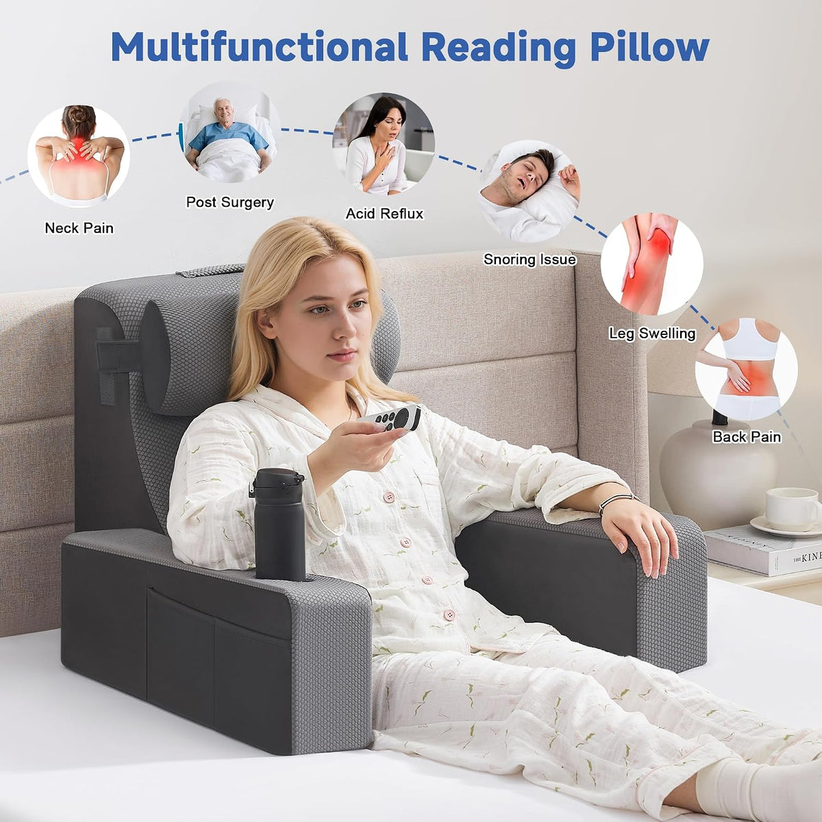 Reading Pillow for Sitting in Bed Adult, Back Pillow for Bed Sitting up with Arms, Pockets and Cup holder, Sit Up Backrest Pillows for Beds Chair Support, Rest Pillow for Gaming (Light gray)