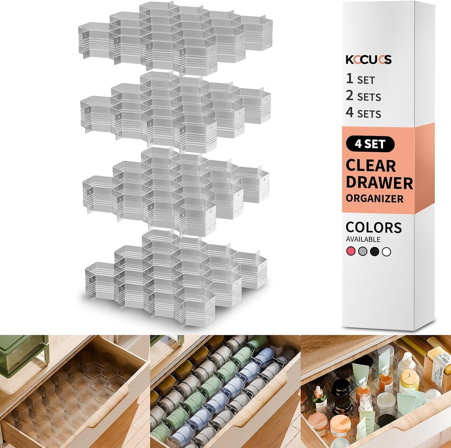 Honeycomb Separator Adjustable Drawer Organizer Divider for Underwear Belt-Scarf Socks Organizer (White(2pcs))