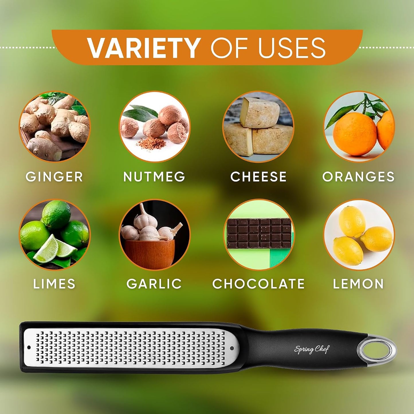 Spring Chef Stainless Steel Lemon Zester - Garlic & Ginger Grater - Gray | Premium Zester with Blade Cover, Cheese Grater with Handle for Parmesan, Nutmeg, Lime - Durable Citrus Zester, Fine Shred