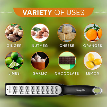 Spring Chef Stainless Steel Lemon Zester - Garlic & Ginger Grater - Gray | Premium Zester with Blade Cover, Cheese Grater with Handle for Parmesan, Nutmeg, Lime - Durable Citrus Zester, Fine Shred