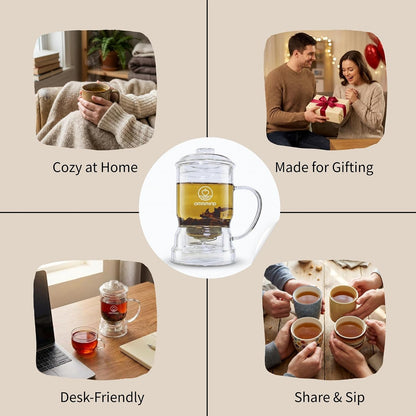 Glass Tea Infuser, Easy Drain for Loose Leaf, 15.2 oz, Black | Fits rims under 3.15 in; set on mug to drain, lift to stop, helps limit bitterness. Dishwasher safe; tea bags, herbs, coffee