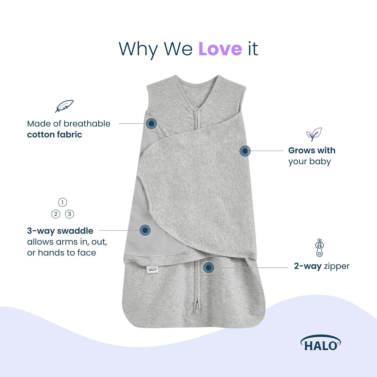 HALO 100% Cotton Sleepsack Swaddle, 3-Way Adjustable Wearable Blanket, TOG 1.5, Birds, Newborn, 0-3 Months - Colors B