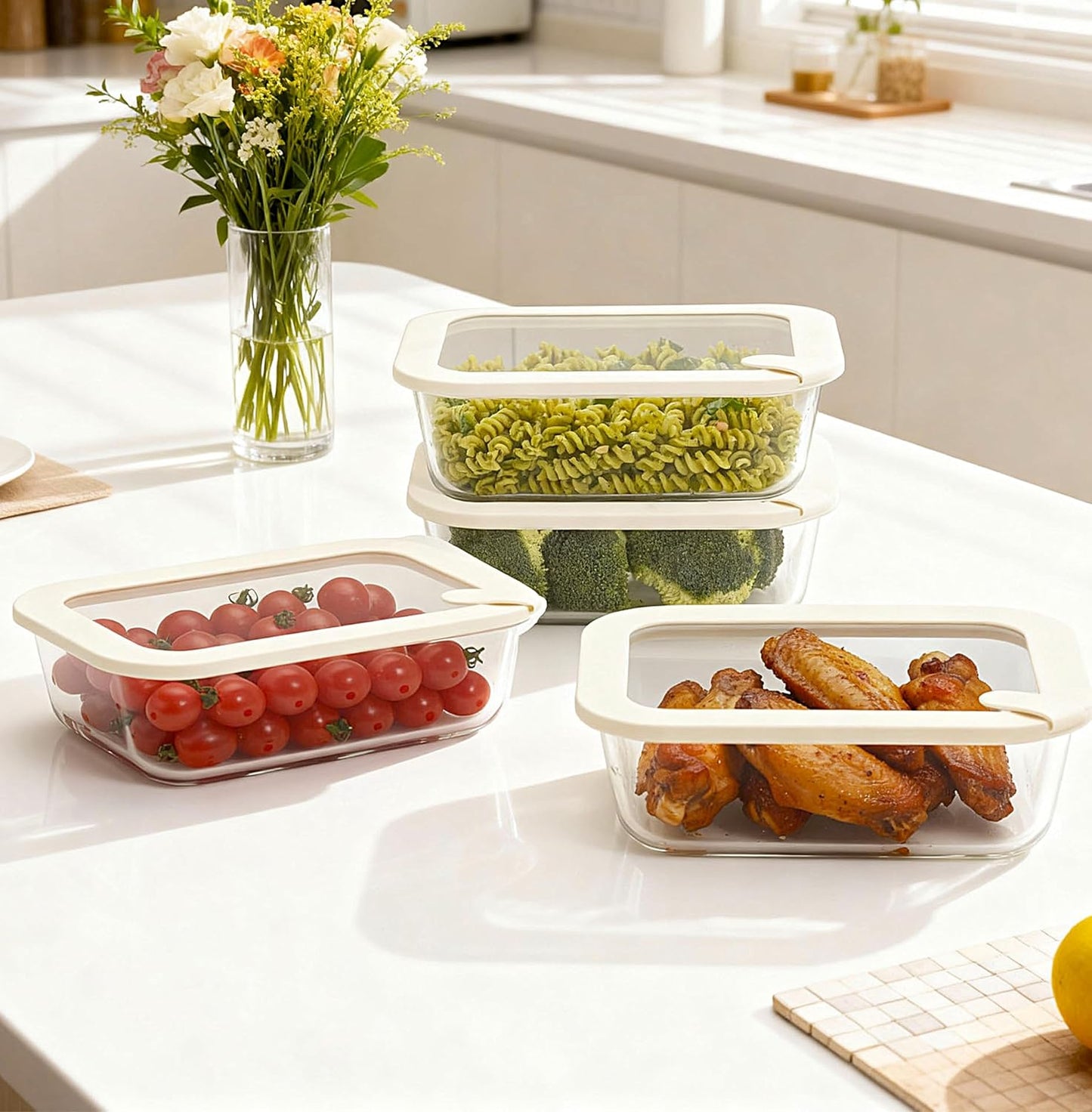 Glass Food Storage Containers with Glass Lids, Microwave Safe Food Container Set, Aitight Meal Prep Container Set, BPA Free, 2 extra Colanders, LeakProof, 2 Pack of 60oz