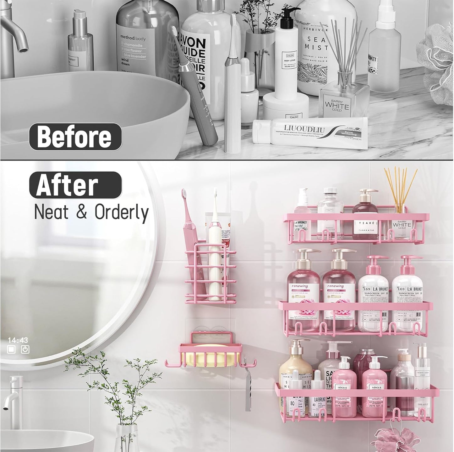 Liuoud 5 Pack Shower Caddy for Inside Shower, Gold Bathroom Storage Decor | Large Rustproof Stainless Steel Organizer with Strong Adhesive, No Drilling Wall Mounted Shelves, Bathroom Accessory Set