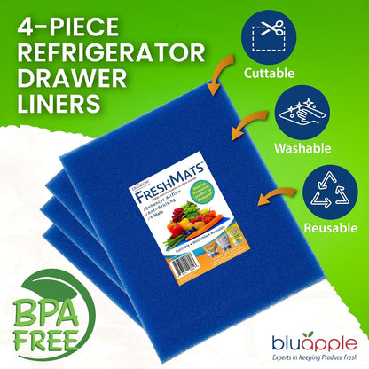 Bluapple FreshMats - Refrigerator Bin Liners, Fridge Drawer Mats - Keeps Produce Fresh Longer, Prevents Bruising, Promotes Air Circulation - BPA-Free Polyurethane Foam - (4-Piece Set, 12"x15", Green)