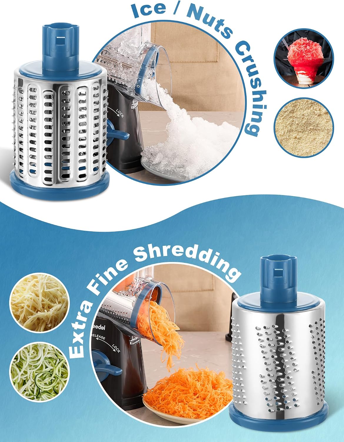 Geedel Rotary Cheese Grater, Kitchen Mandoline Vegetable Slicer with 3 Interchangeable Blades, Easy to Clean Rotary Grater Slicer for Fruit, Vegetables, Nuts | 3 Blades, 430 Stainless Steel, 12x Fast Cutting, Strong Suction Base, No BPA, Dishwasher Safe,