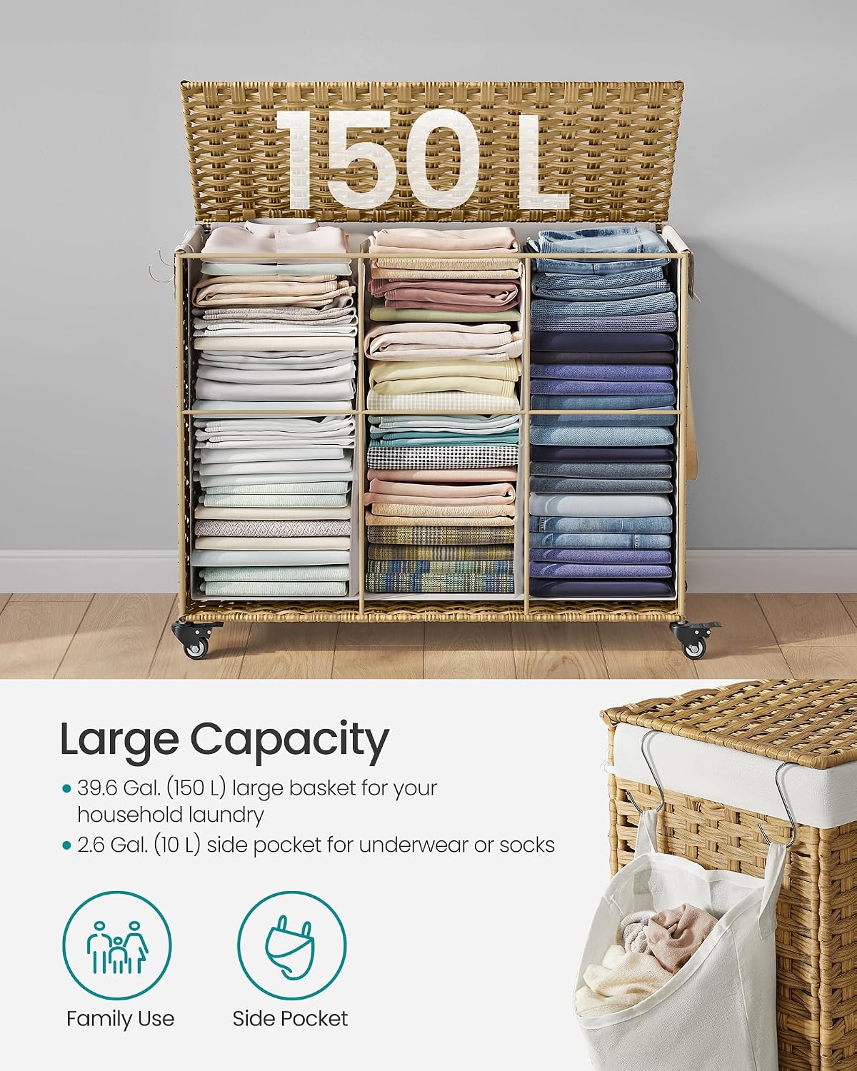 SONGMICS Laundry Hamper with Lid, 42.3 Gallons (160 L), Rolling Laundry Basket with Wheels, 3-Section Synthetic Rattan, Removable Liner, Bedroom, 29.9 x 13 x 26 Inches, Natural ULCB365N01