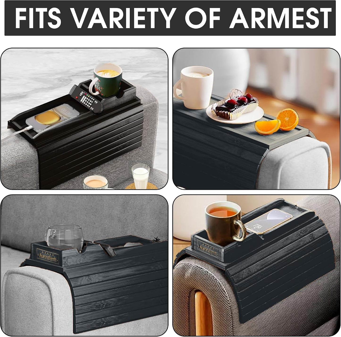Bamboo Couch Cup Holder, 2 Cork Coasters, Anti-Slip Foldable Couch Arm Tray | 2 in 1 Foldable Sofa Arm Tray, Couch Armrest Table, Anti-Spill Couch Arm Table for Drinks TV Remote Cellphone Snacks
