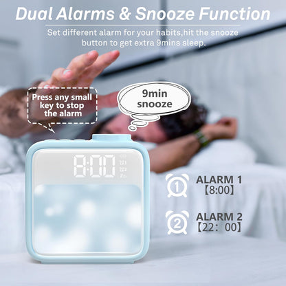 AIRIVO Alarm Clock Night Lights, Built-in Battery Alarm Clock for Bedrooms, 6 Scenes & White Noise Sync, Dual Alarms & Snooze, for Heavy Sleepers, Gifts for Kids Teens