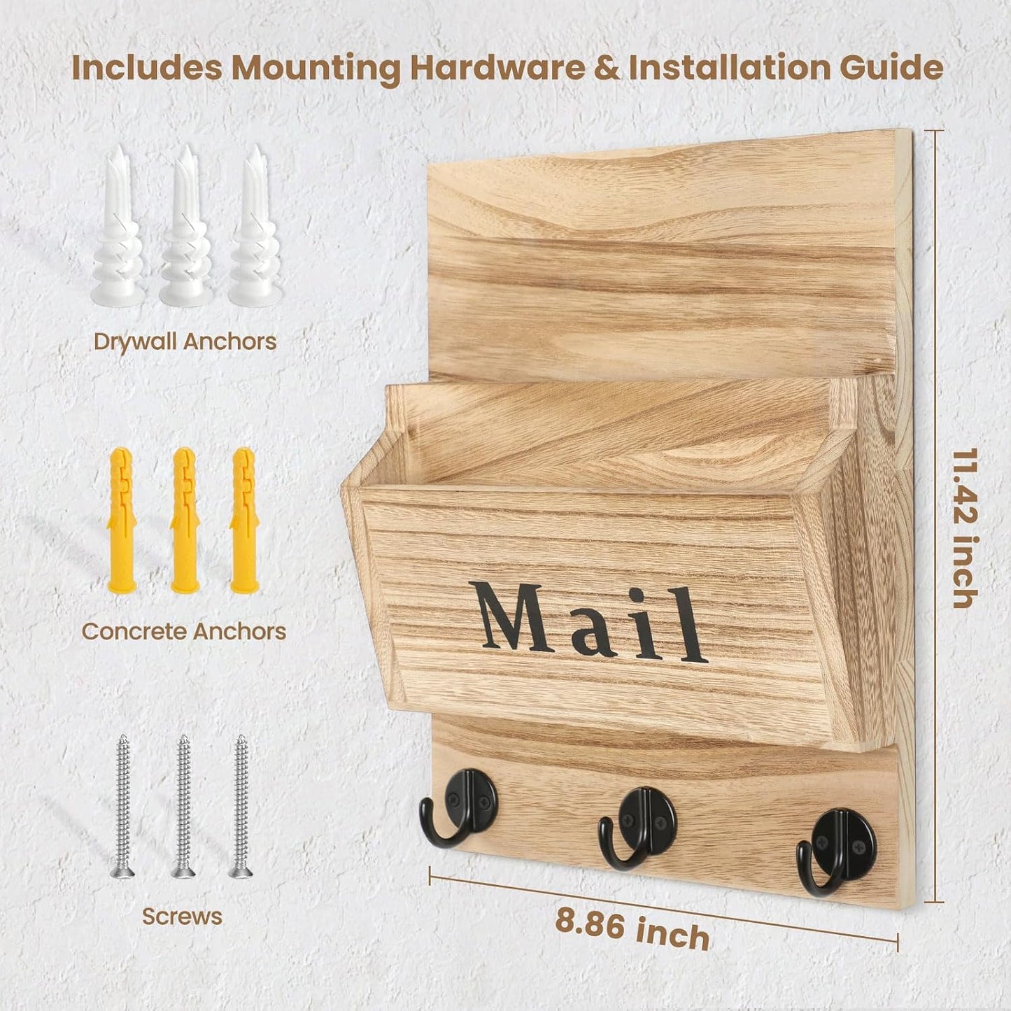 Mail and Key Holder, Wall Key Holder with 2 Mail Organizer Slot and 3 Hooks | Decorative 8.86" x 11.42" Mail Holder, Real Paulownia Wood with Keyhole Brackets, Hardware and Instructions
