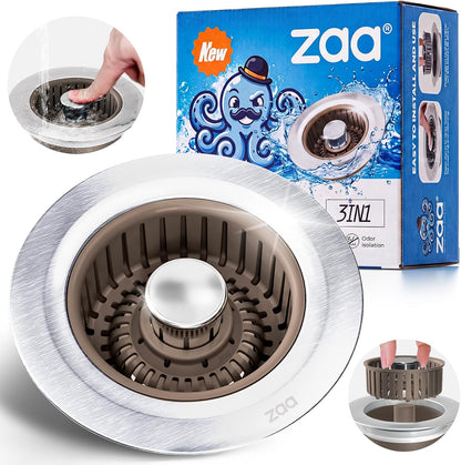 3 in 1 Kitchen Sink Drain Strainer Stopper Removable Basket Pop-Up | Kitchen Sink Food Strainer 1 Pack Silver Stainless - Food Catcher, Odor-Block Seal, Fits 3.5" Drain, Easy Clean