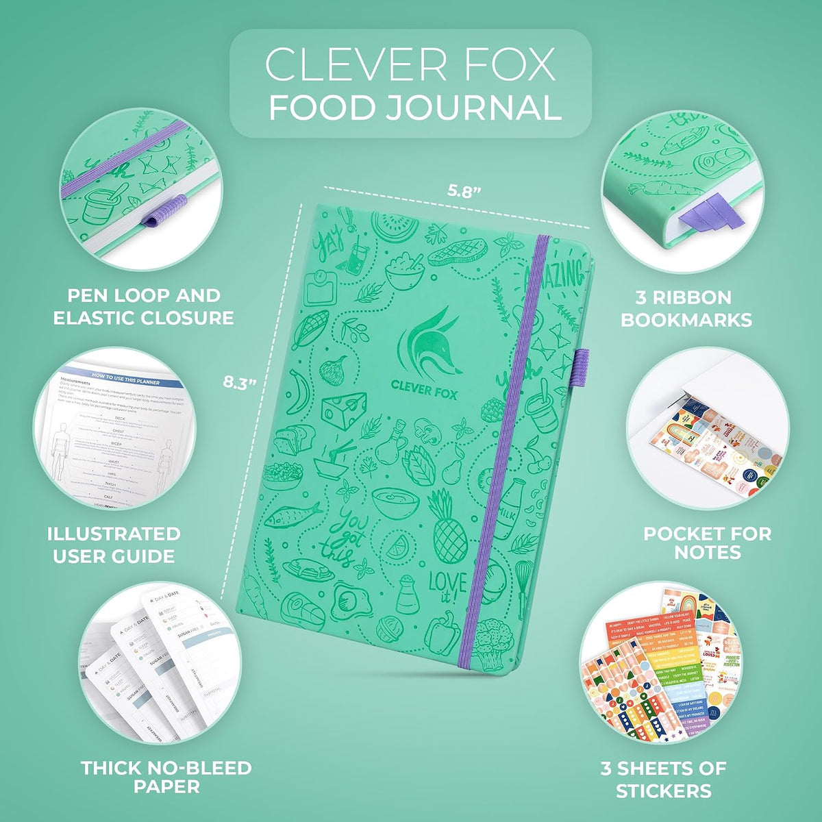 Clever Fox Food Journal for Women & Men, Weight Loss Tracker, Aquamarine